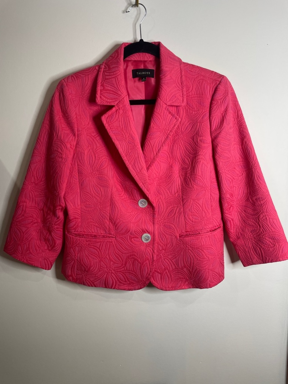 🍉 SIZE 12 TALBOTS Hot Pink Floral Jacquard Blazer 3/4 sleeves